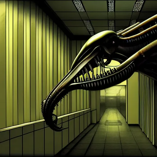 Image similar to detailed realistic xenomorph in an endless empty office building, pale yellow walls, moist brown carpet, defective fluorescent lighting, artstation, ultra detailed, creepy, photorealistic, nostalgia, art by h. r. giger