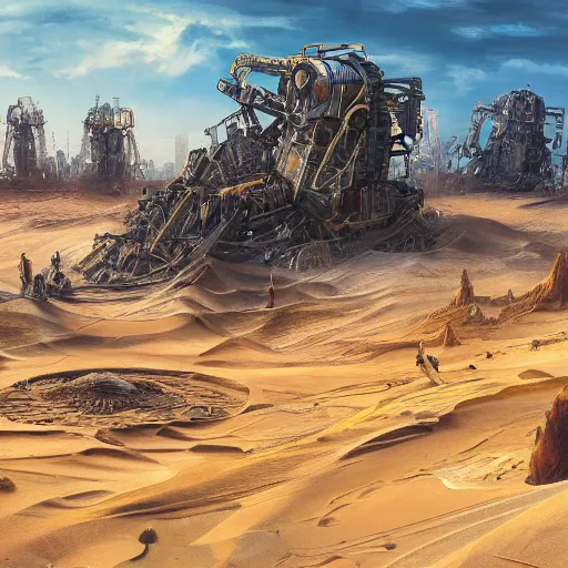 Prompt: painting of a sand landscape, futuristic, wreckage of hundreds of giant, humanoid robots, oasis, 4 k