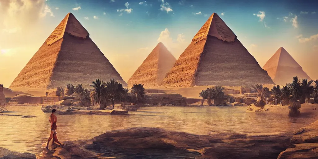 Image similar to beautiful egypt landscape, environment, lake, film, dramatic, cinematic, highly detailed, mid day, large scale, hyperrealistic, realistic lighting, octane render, by wlop, artgerm, trending on artstation hd, 8 k, clear, sharp