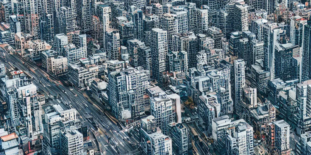 Prompt: drone view of a Brutalist architecture city with a large road through,sharp focus, telephoto lens, 3D digital art 4k