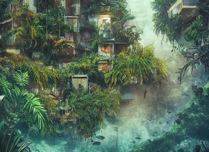 Prompt: overgrown foliage overtaking favela, underwater environment, scenery, professional, award - winning, trending on artstation, detailed, realistic, beautiful, emotional, shiny, golden, picture