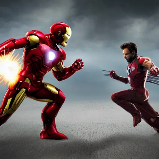 Image similar to wolverine versus iron man, 4k realistic photo