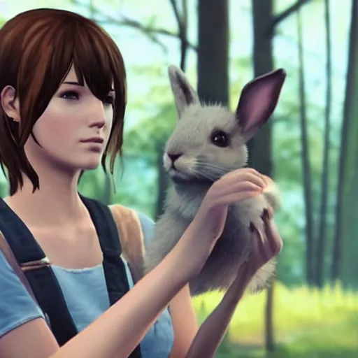 Image similar to max caulfield from the video game Life Is strange holding a rabbit