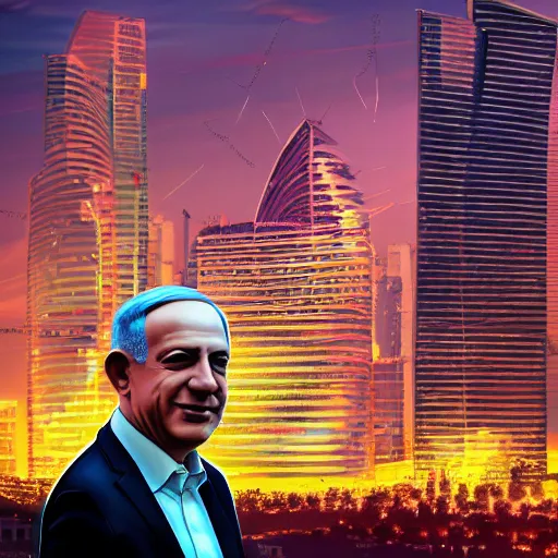 Prompt: portrait of Benjamin Netanyahu, Tel-Aviv skyline background, rich vivid colors, ambient lighting, dynamic lighting, 4k, HQ, official media, detailed, trending on artstation