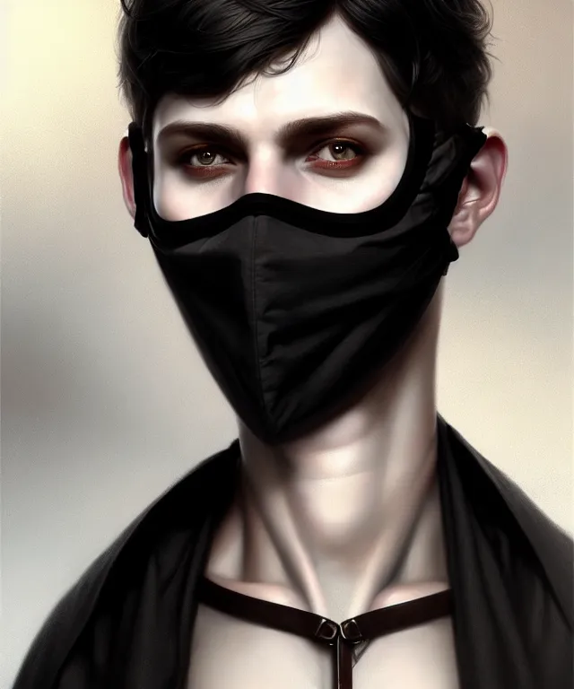 Image similar to white man with black fabric mask, short dark hair, highly detailed face!!!, true anatomy!, extremely detailed!, digital painting, unreal engine 5, art by tom bagshaw