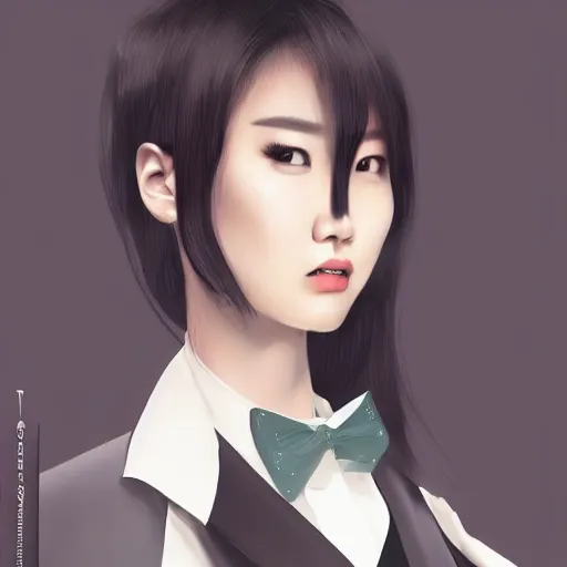 Prompt: portrait of a beautiful korean girl wearing a men's tuxedo, with long hair and bangs, angular features, angry expression, digital art, elegant pose, detailed illustration