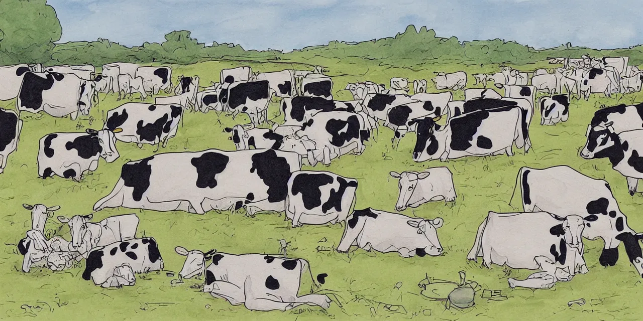 Prompt: cartoon, cows resting after a day rounding up humans