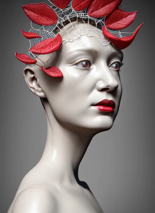 Image similar to complex 3d render ultra detailed of a beautiful porcelain profile woman face, mechanical cyborg, 150 mm, beautiful natural soft light, rim light, studio light, elegant gold details, magnolia big leaves and stems, roots, fine foliage lace, mesh wire, intricate details, hyperrealistic, mandelbrot fractal, anatomical, red lips, white metal armor, facial muscles, cable wires, microchip, elegant, octane render, H.R. Giger style, 8k