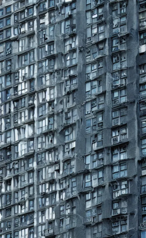 Image similar to giant monster with apartment in its chest, humans looking out from the windows embedded in the monster's chest, living apartment building, apartment building in the shape of a monster, monster made of apartment building