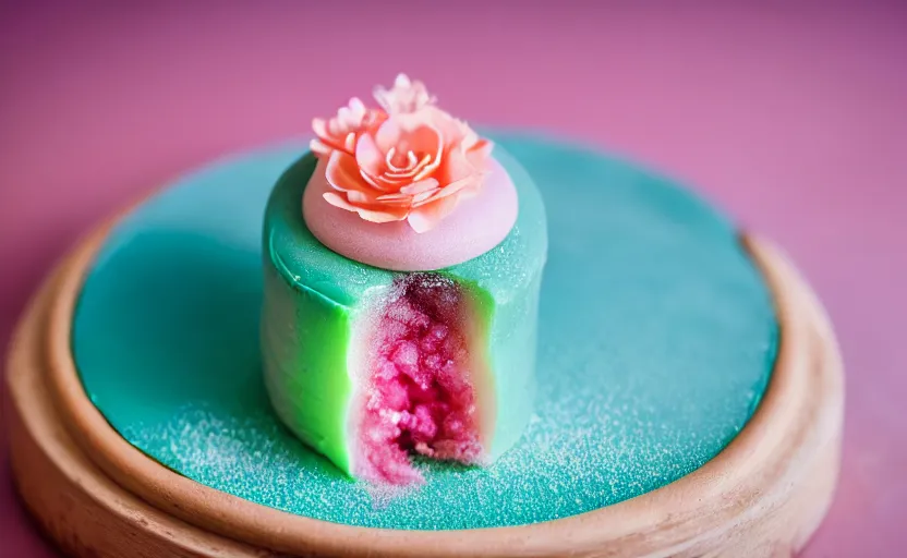 Image similar to A photo of a swedish princess cake from the side on a wooden table, covered with pink marzipan, some powder sugar and a blue marzipan leaf in the center. Sunset. 4K. Cinematic lighting. High detail. Realistic. Delicious.