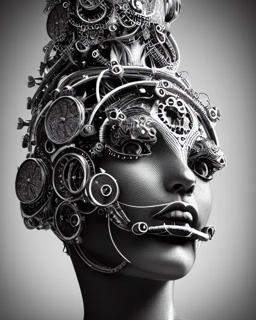 Image similar to mythical black and white organic bio-mechanical spinal ribbed profile face portrait detail of mechanical beautiful female angelic-vegetal-cyborg, highly detailed, intricate steampunk ornate, poetic, 3D render, digital art, octane render, 8K artistic photography, photo-realistic, by Dora Maar