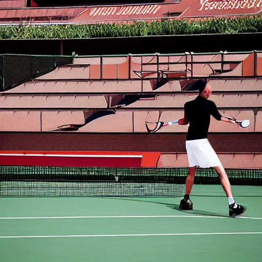 Image similar to portrait of nosferatu playing alone tennis in roland garros, sport photography