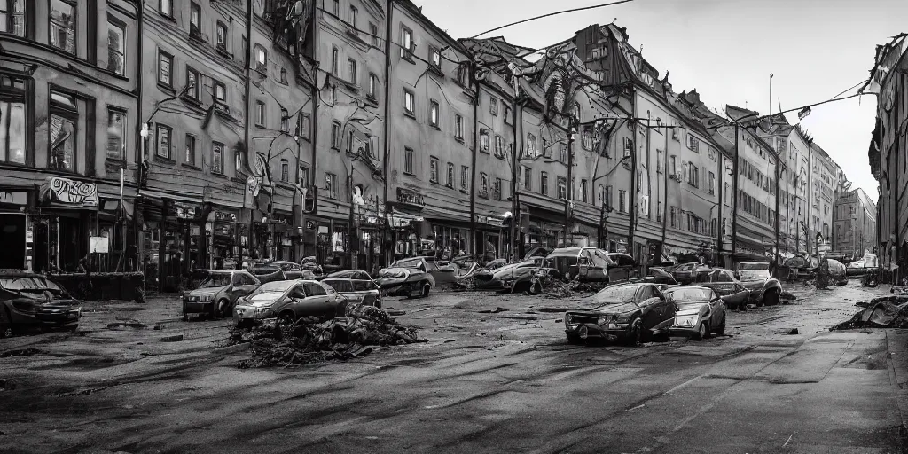 Prompt: Hordes of Zombies in Stockholm, Sweden, Intersection, Storefront, alleyway, city street lights, abandoned cars, smoke, umbrella, convenience store, dusk sky, city street, zombies exiting store, zombies getting groceries, hilly road, Swedish writing, looking down street, raining, smoking outside, wet road, wet street, very high quality photography, dusk, cinematic.