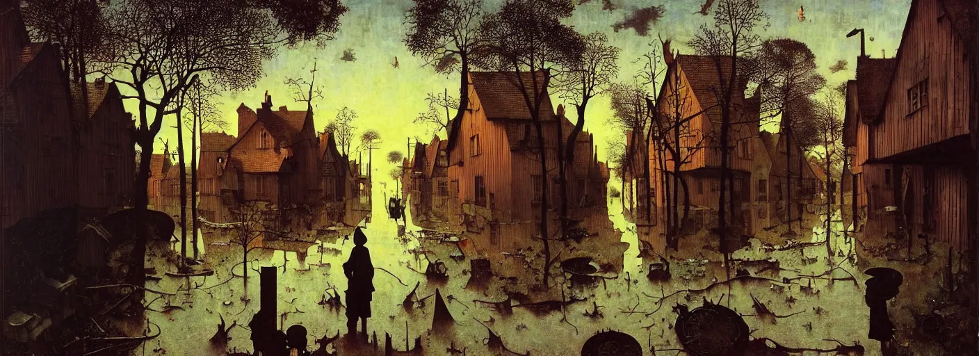 Image similar to flooded old wooden street, very coherent and colorful high contrast masterpiece by norman rockwell franz sedlacek hieronymus bosch dean ellis simon stalenhag rene magritte gediminas pranckevicius, dark shadows, sunny day, hard lighting, reference sheet white background