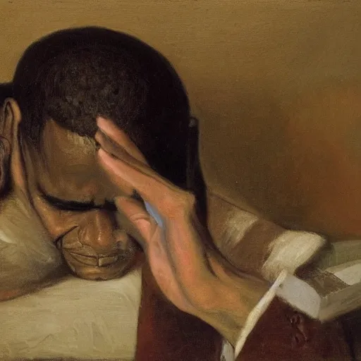 Image similar to The despair of Obama, oil on canvas, 1883