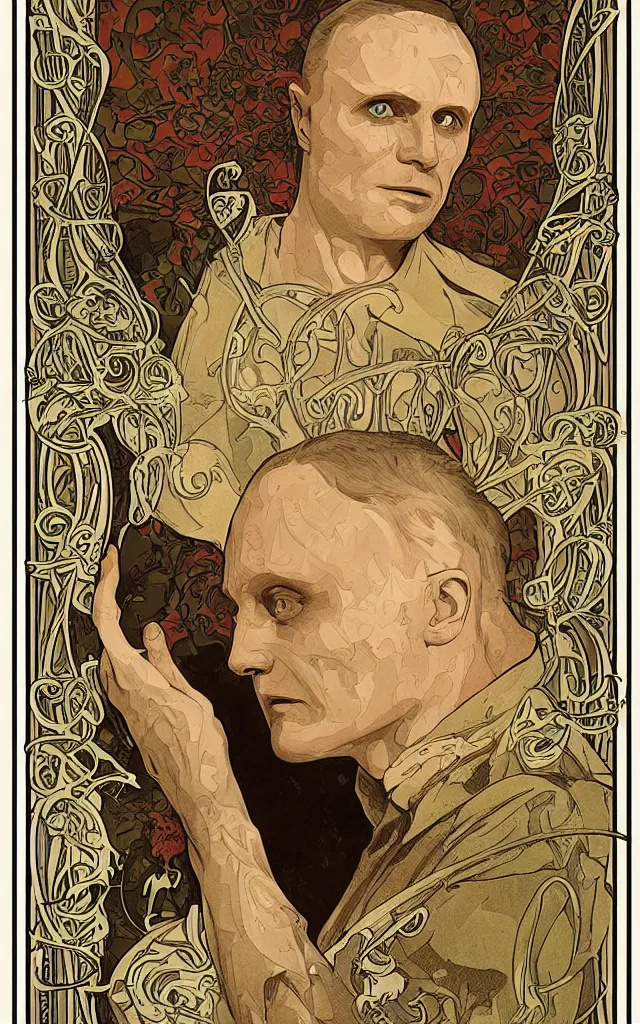 Prompt: Hannibal Lecter from NBCs Hannibal in portrait Alphonse Mucha art nouveau style, detailed high definition poster, photorealistic brutal artwork, featured on artstation, powerful, high definition, large file size, advertisement