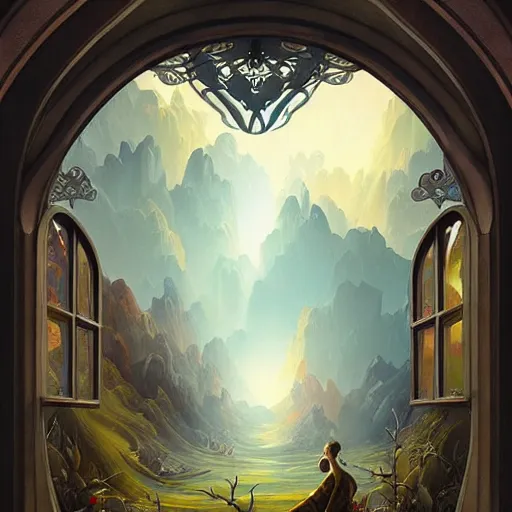 Image similar to beautiful full size large window with four panes, four yearseason is represented by peter mohrbacher, art nouveau, landscape, cinematic