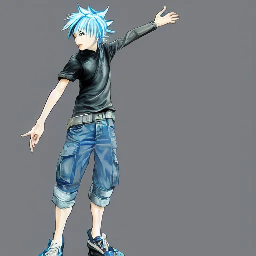 Image similar to a blue haired boy in a dynamic pose. standing in the rain character design. gesture drawing. line of action. official art, concept art. tetsuya nomura. final fantasy. shigenori soejima medium shot. ray tracing hdr. 8 k. uhd. sharp focus. symmetrical. coherent highly detailed. masterpiece. cinematic lighting..