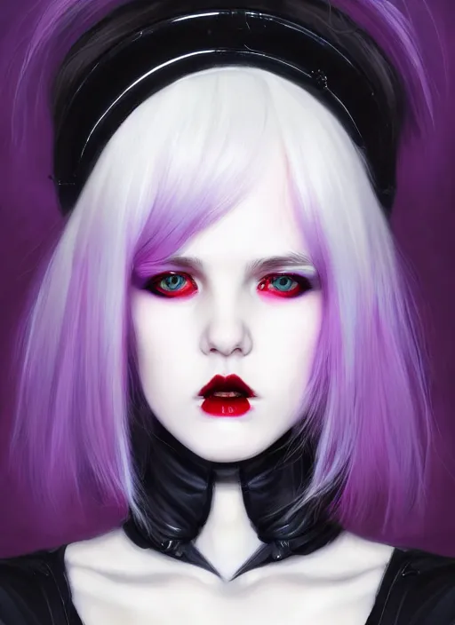 Image similar to portrait of white teenage girl, normal face, white bangs, mall goth, cyberlox, black and white hair, bangs, fluffy bangs, red contact lenses, purple lipstick, intricate, elegant, highly detailed, digital painting, artstation, concept art, sharp focus, smooth, illustration, art by wlop, mars ravelo and greg rutkowski