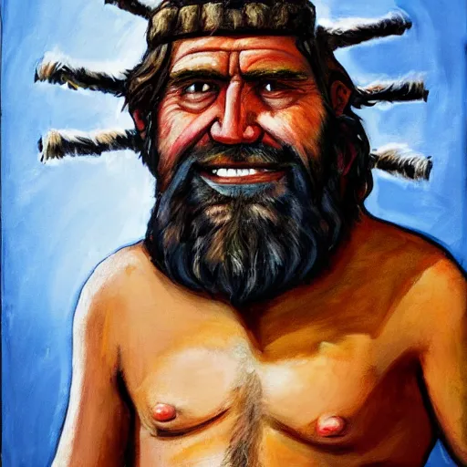 Image similar to portrait of a caveman with a tinfoil hat