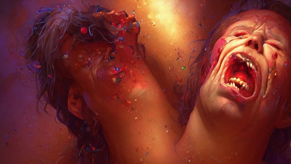 Prompt: a person conjuring!!! an image!!! from of noise!!!, by tim and greg hildebrandt, marc simonetti, and diego gisbert llorens, cinematic closeup!!, accurate facial details, colorful, intricate, chaotic, fantasy realism, hopeful, 8 k render, volumetric lighting