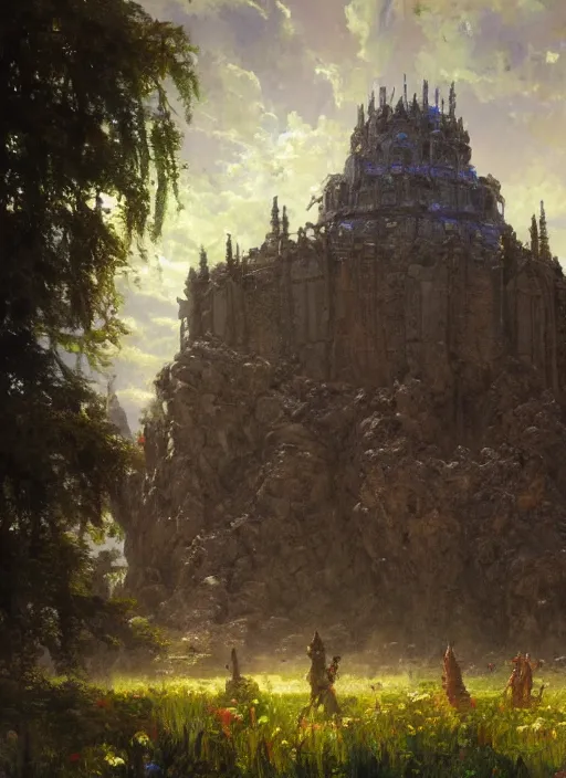 Image similar to giant castle temple megastructure in meadow by gaston bussiere, anna nikonova aka newmilky, greg rutkowski, yoji shinkawa, yoshitaka amano, moebius, donato giancola, geoffroy thoorens, trending on artstation, pixiv, cinematic composition, 8 k