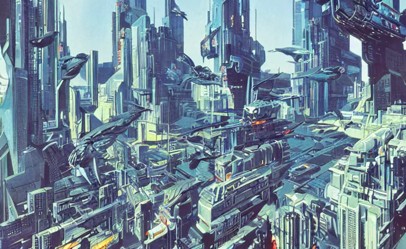 Prompt: cybernetic city overrun by gigantic robot birds, art by syd mead, extremely detailed, high quality,