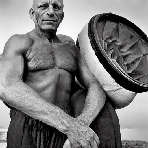 Image similar to a muscular bald man carrying two turbines on his back, portrait photograph, nikon 3 5 mm, photograph by annie leibovitz and steve mccurry