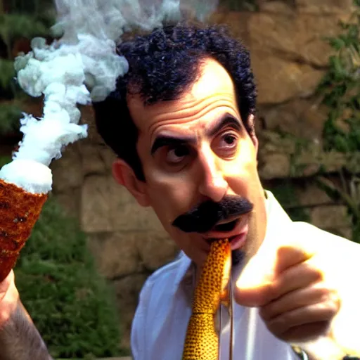 Image similar to Borat smoking a giant joint, 8k, smoke, hyper-detailed, cinematic