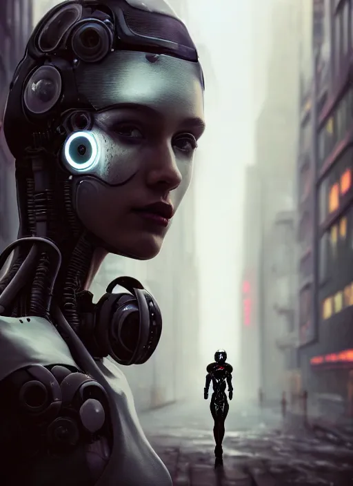 Image similar to Ultra realistic cyberpunk,sci-fi, fantasy,Kodak Portra 400, 8K, soft light, volumetric lighting, highly detailed photo of a beautiful cyborg robot woman in a street of a post apocalyptic new york + face,night, fog , intricate, elegant, highly detailed, digital painting, artstation, concept art, smooth, sharp focus, illustration,art by artgerm and greg rutkowski and alphonse mucha , sigma art 85mm F1.8