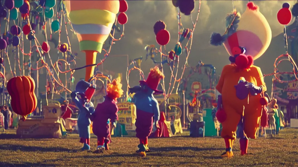 Prompt: the giants clowns at the fair, they tie a balloon animal, film still from the movie directed by denis villeneuve and david cronenberg with art direction by salvador dali and dr. seuss