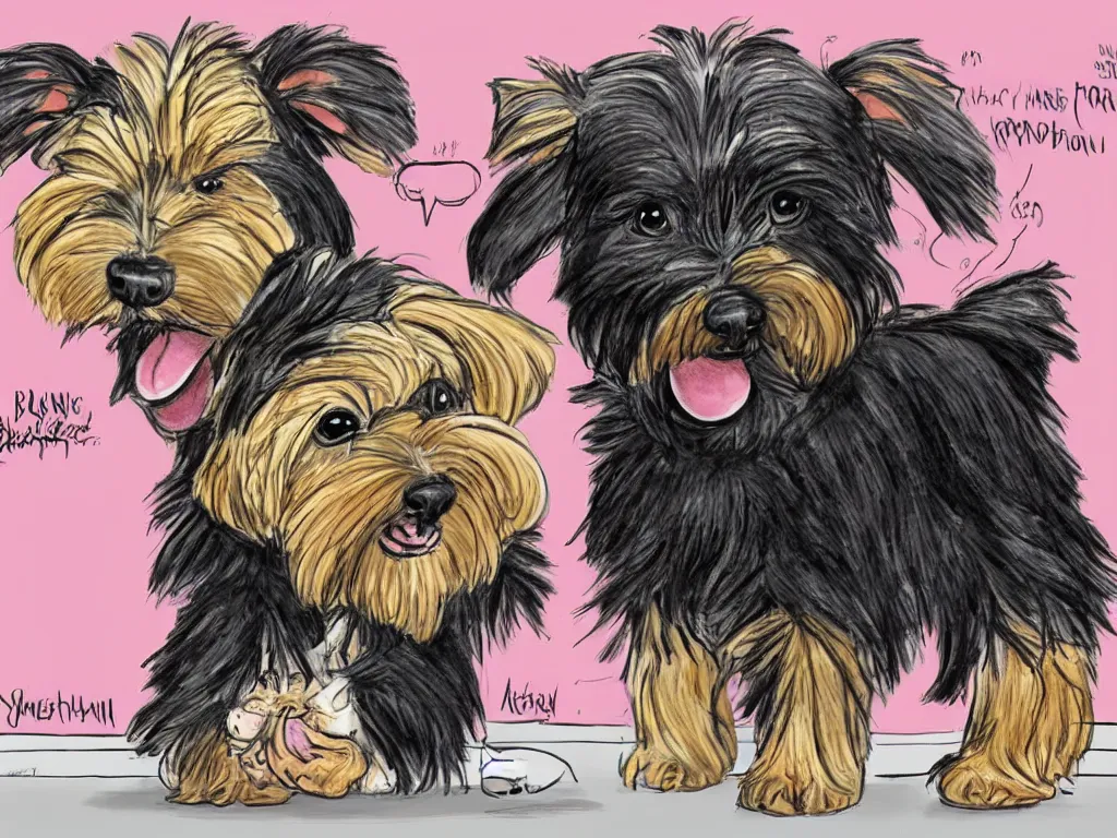 Prompt: a comic strip of a smiling black and caramel Yorkshire Terrier, a pink rubber monkey in front of a simply sketch background , courtroom art, art by Mauricio de Sousa