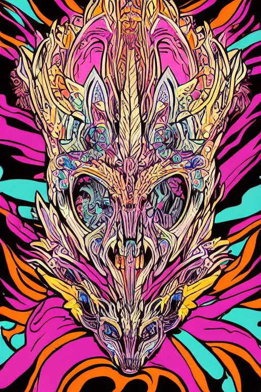 Image similar to animal mask totem roots flower tribal feather gemstone plant wood rock shaman vodoo video game vector cutout illustration vivid multicolor borderlands comics by josan gonzales and dan mumford radiating a glowing aura