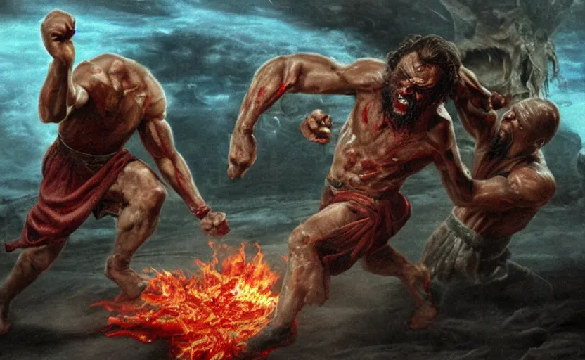 Image similar to hyperrealistic photo of Jesus Christ punching red-skinned Satan devil demon in the face on the floor of the Roman Coliseum, 8k cinematic, epic fight scene, directed by Michael Bay, Doom Eternal, interpretation of Hell on Earth