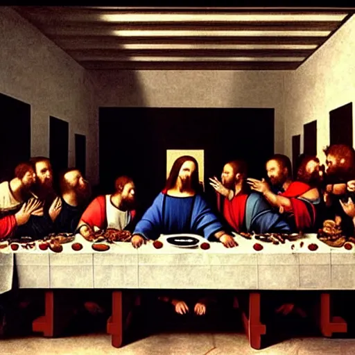 Prompt: the last supper but they eat pizza, caravaggio style, fantasy, epic, detailed
