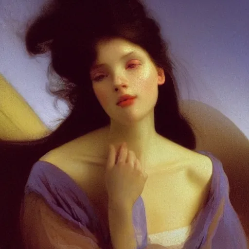 Prompt: a young woman's face, her hair is white and she wears a cobalt blue satin cloak, by ivan aivazovsky and syd mead and moebius and gaston bussiere and roger dean and pieter claesz and paul delaroche and alma tadema and aelbert cuyp and gerard borch, hyperrealistic, volumetric light, octane render