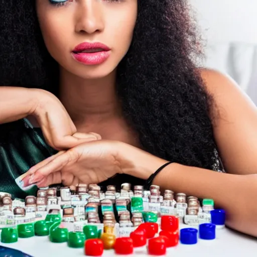 Prompt: a beautiful female model surrounded by pills