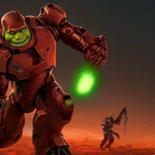 Image similar to The Doom Slayer working together with Shrek and Iron Man, digital art, epic, movie scene