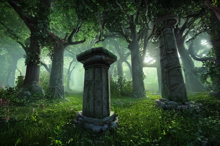 Prompt: super detailed color lowpoly art, overgrown mystical forest meadow, ancient stone obelisk with subtle glowing runes, thick vines wrapping around, unreal engine, retrowave color palette, 3 d render, lowpoly, colorful, digital art, perspective