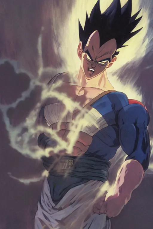 Image similar to vegeta from dragon ball z, by greg rutkowski and alphonse mucha, sharp focus, matte