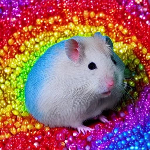 Prompt: rainbow hamster made out of large rainbow gems, 8 k hd