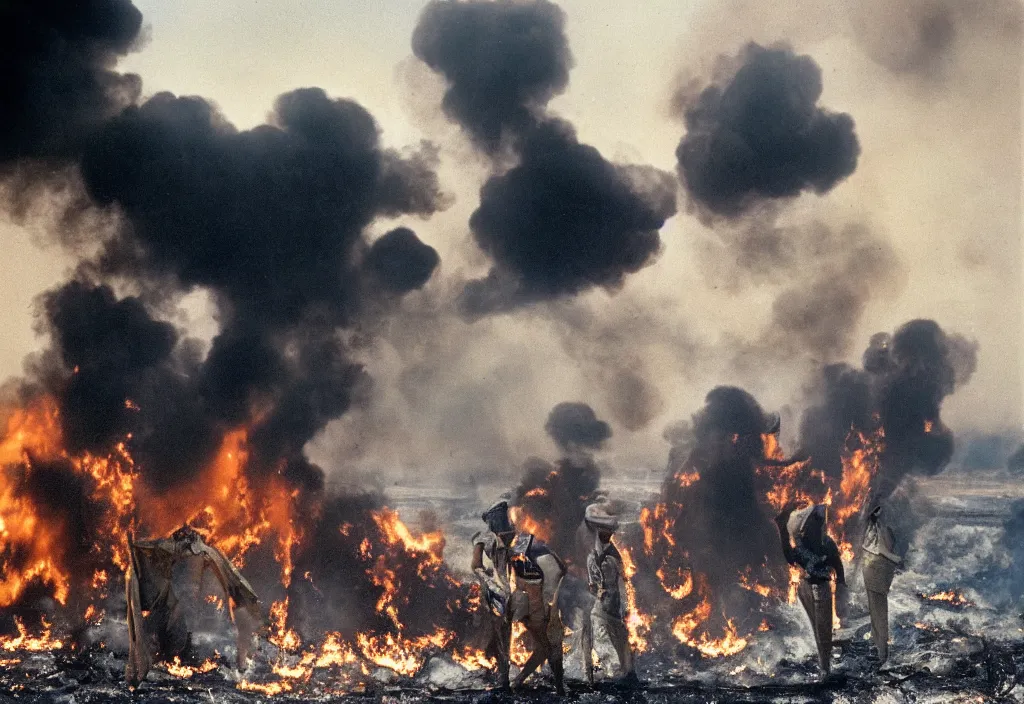 Image similar to fashion editorial in Kuwait oil fields burning fire 1991. highly detailed. depth of field. high definition. 8k. photography.