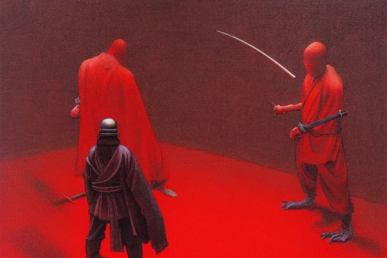 Image similar to only with red, a red samurai harakiri, tokio, a lot of frogs watch, in the style of beksinski, parts by edward hopper, parts by rodcenko, parts by yue minjun, intricate and epic composition, red by caravaggio, insanely quality, highly detailed, masterpiece, red light, artstation, 4 k