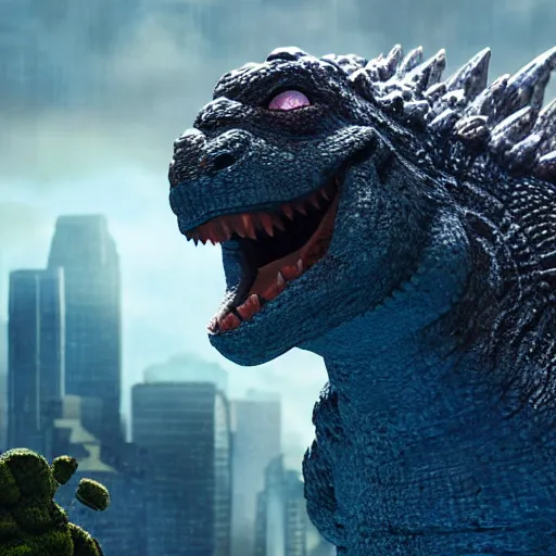 Image similar to godzilla, expressive eyes, floating, rbc, radiolaria, protophyta, micro - organisms, center frame, symmetric, rim light, marine microbiology, bioluminescence, electric, fur, soft, concept art, intricate details, highly detailed, colorful, photorealistic, disney pixar, octane render,