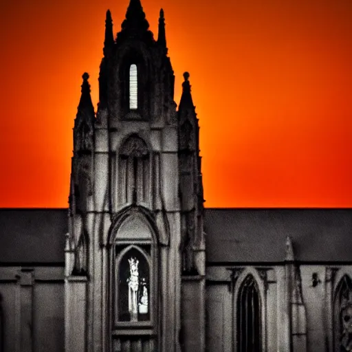 Prompt: cathedral of broken glass and sin, lit red amidst the sunset, a sense of melancholy