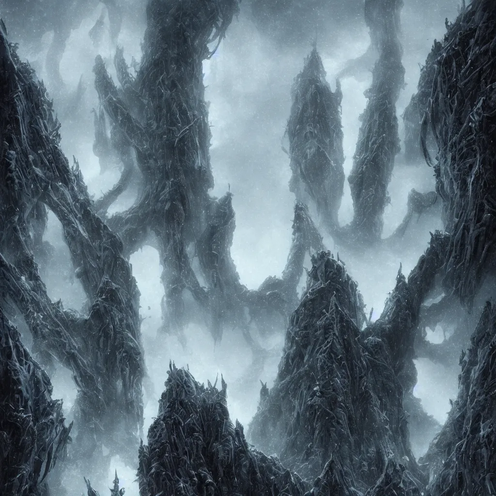 Prompt: the lovecraftian alien city of r'lyeh, evil towers and gravity defying megastructures in the haunted mountains of antarctica, upward cinematic angle, by rodney matthews, greg rutkowski and bill sienkiewicz, dark psychedelic atmosphere, heavy winter aesthetics, stunning composition, alien faces, female faces, monstrous animal statues, intricate, strange, elegant, digital art, hyperdetailed, colorful hyperrealism, brilliant photorealism, horror, masterpiece, 8k