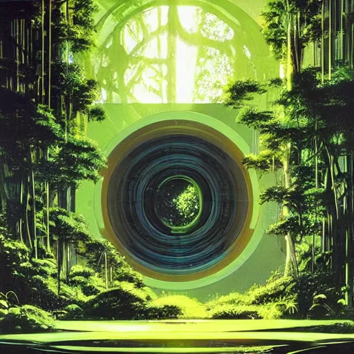 Image similar to portal in a middle of a lush futuristic forest, syd mead, john harris