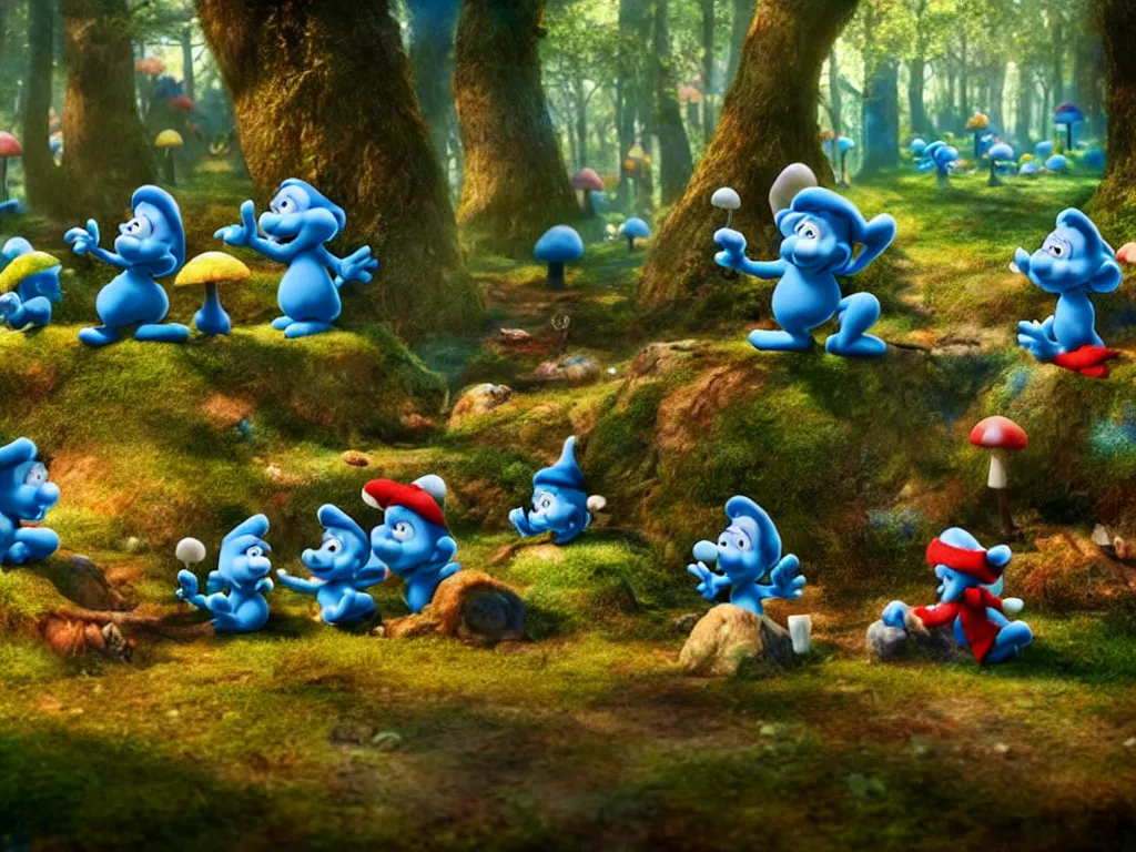 Image similar to smurfs partying in the enchanted forest in their magic mushroom town, photorealistic painting, cgi, low volumetric light, movie still, very cute and cozy and fluffy and sweet