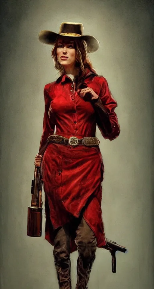 Image similar to a woman in a red wild west dress holding a shotgun, realistic painting by drew struzan, anatomically correct, beautiful, soft lighting, artstation