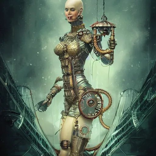 Image similar to by tom bagshaw, photorealist vivid render of a carnival of curiosities marvel, single bald steampunk female in a full ornated armor, gears, cables, led, flying machinery, partial symmetry accurate features, very intricate details, focus, award winning, ultra dense fog, trending on behance